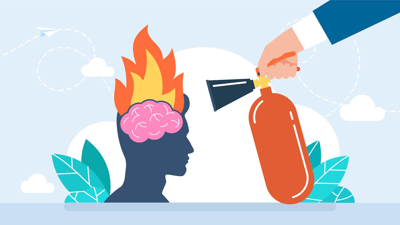 artistic image with fire extinguisher pointing person silhouette and brain with flames 