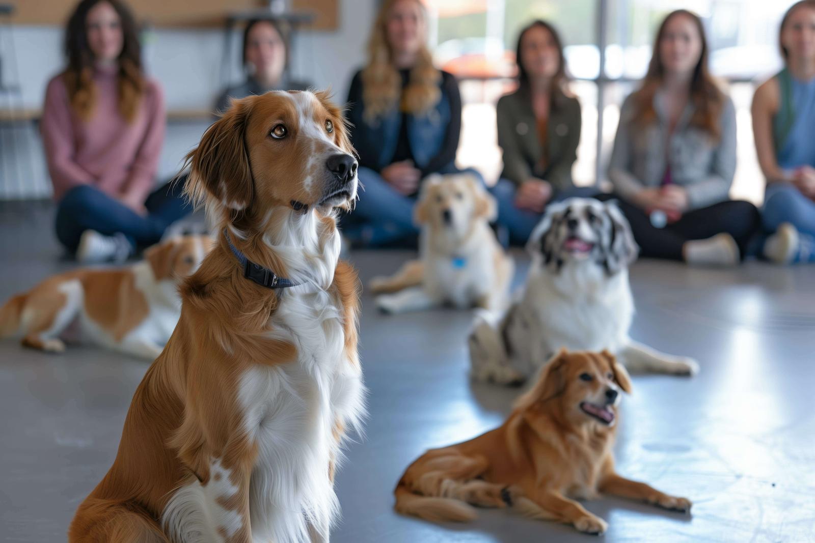 dogs sitting with people sitting in the background