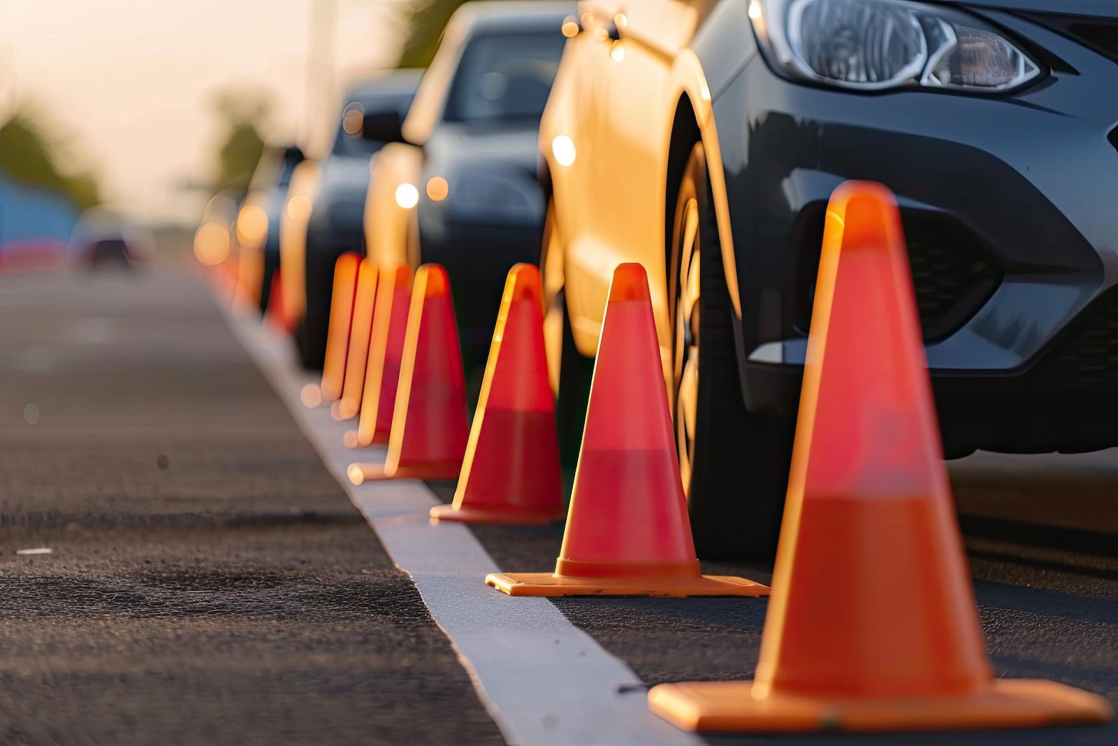 photo of cars parked along a row of traffic cones