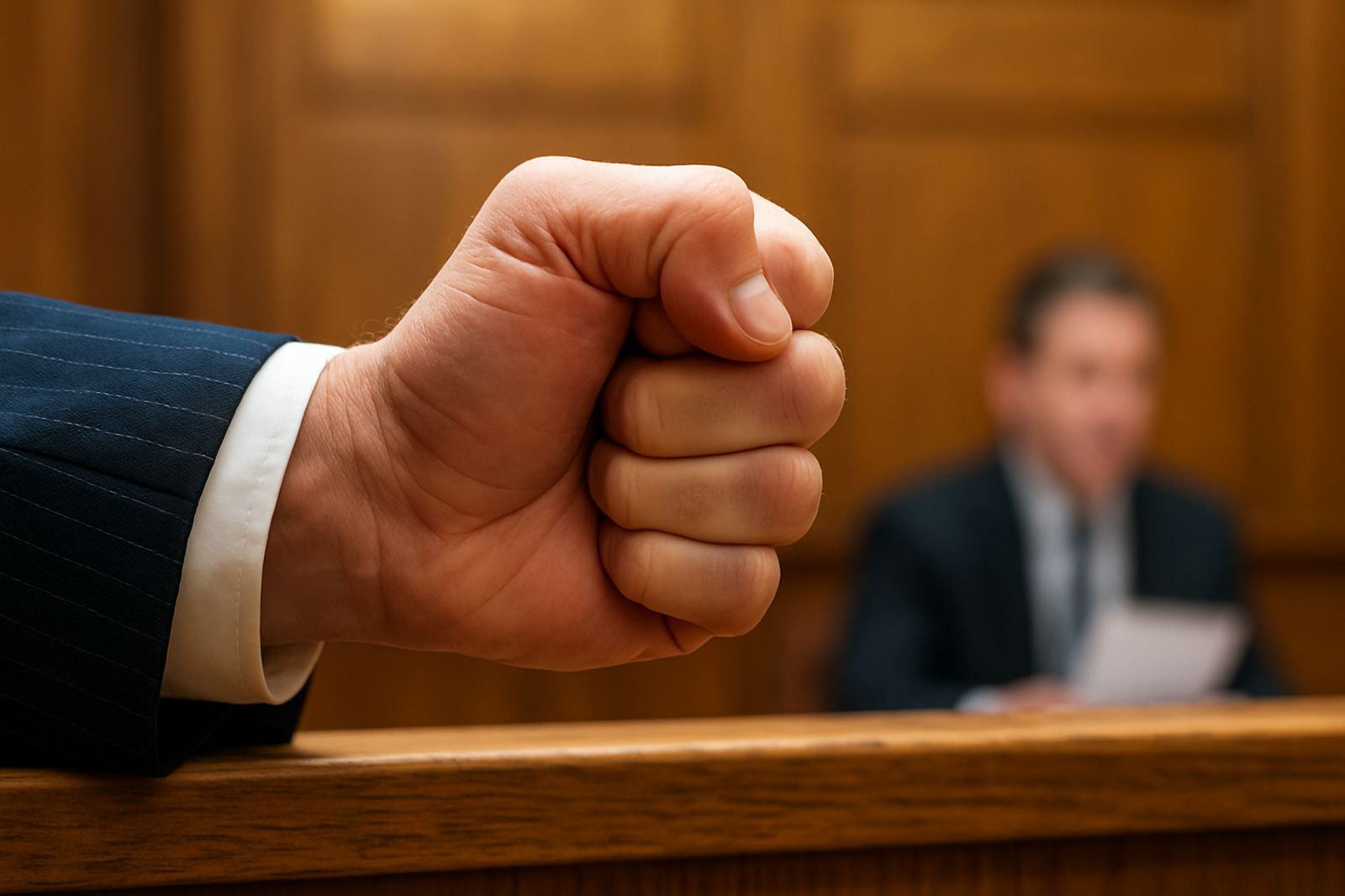 image of fist with courtroom in the background