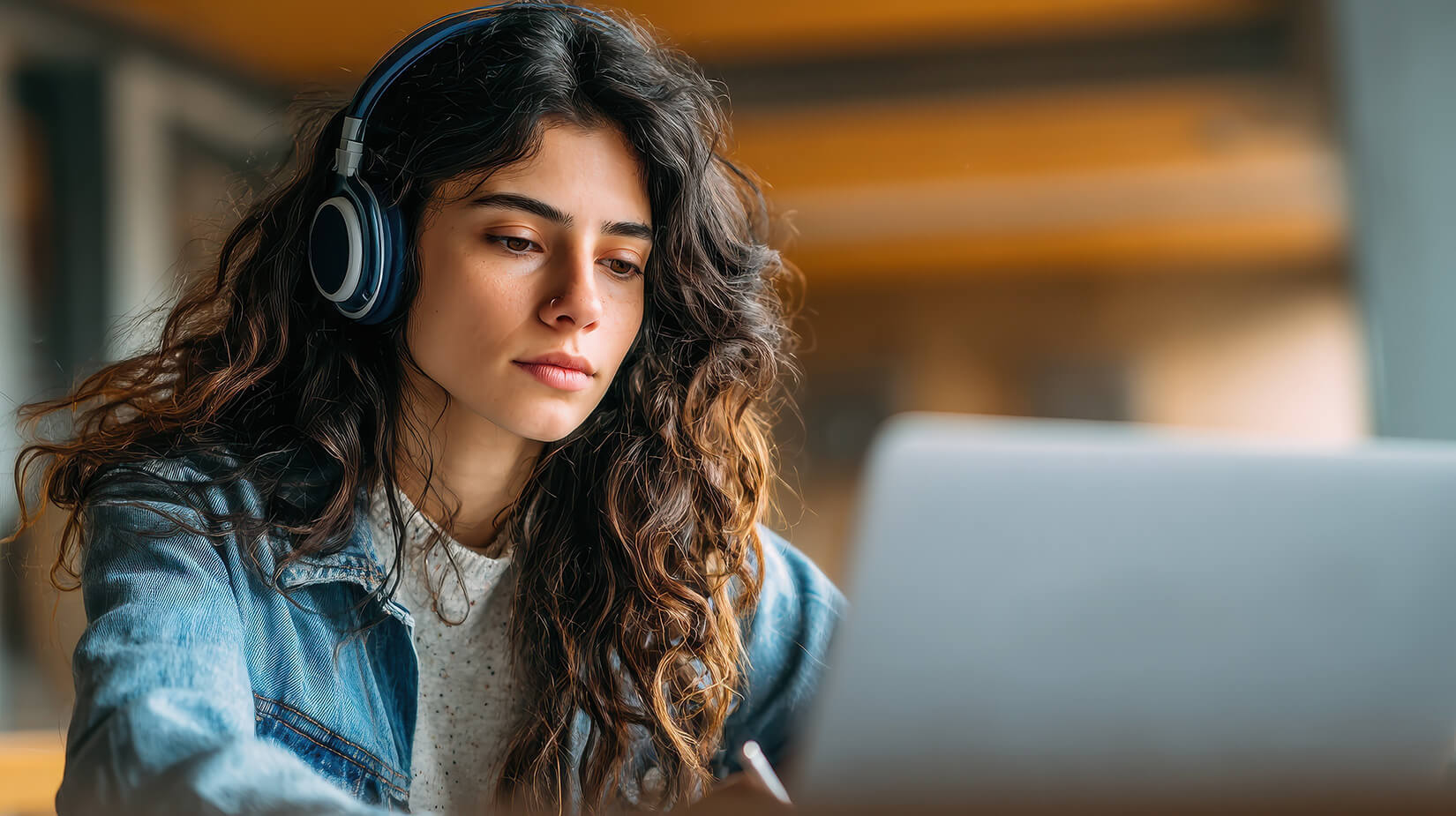woman on headphones using a laptop